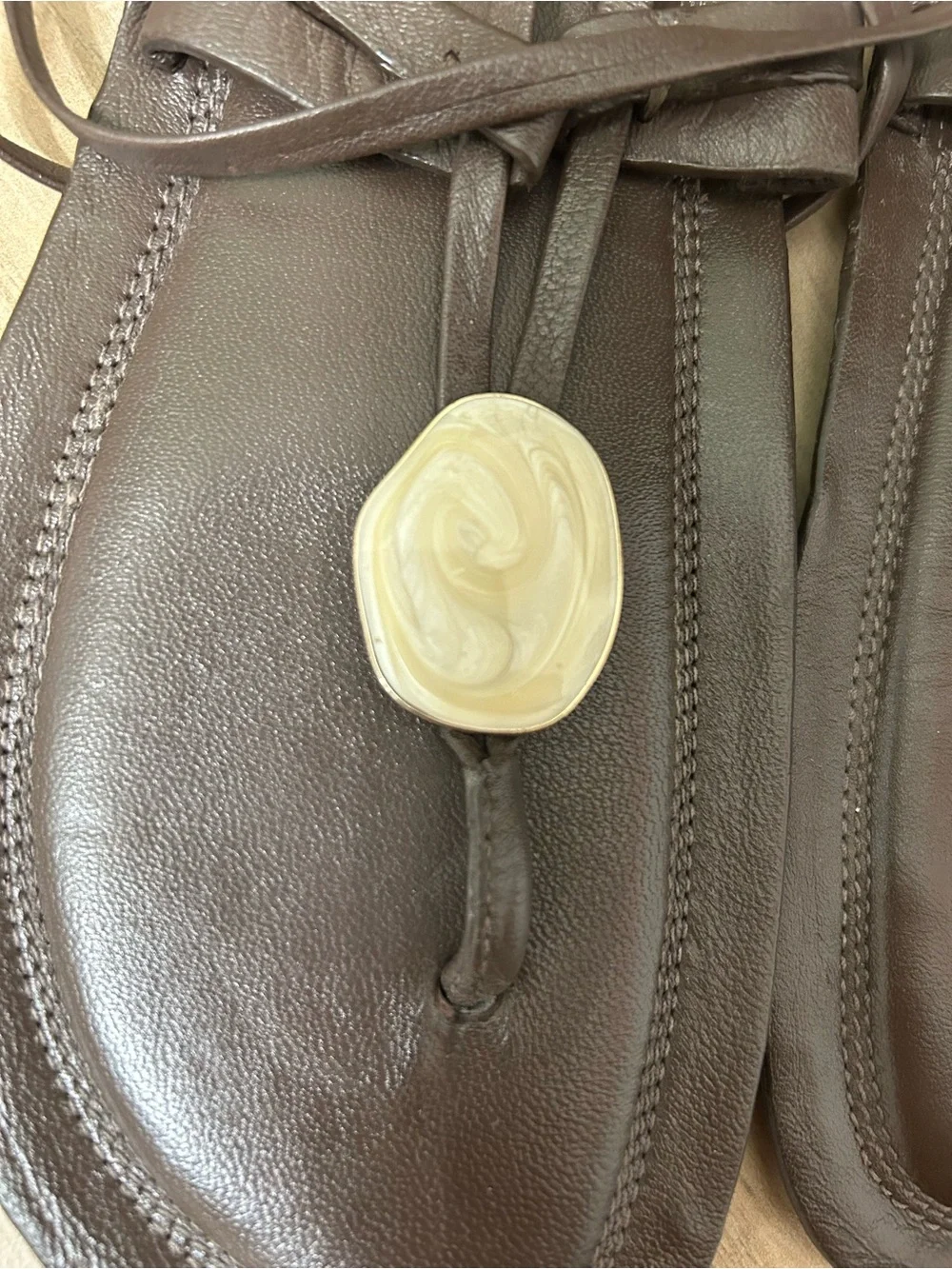 Zara Brown Leather Lace-Up Thong Sandals with Cream Swirl Accent - Picture 3 of 4
